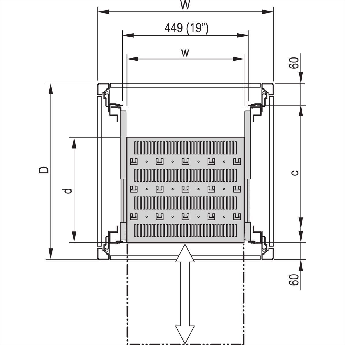 SCHROFF 19''- / Gestell- Fachboden ausziehbar, verkürzt um 100 mm - 19"FA AUS 2HE C=500 RED 7021