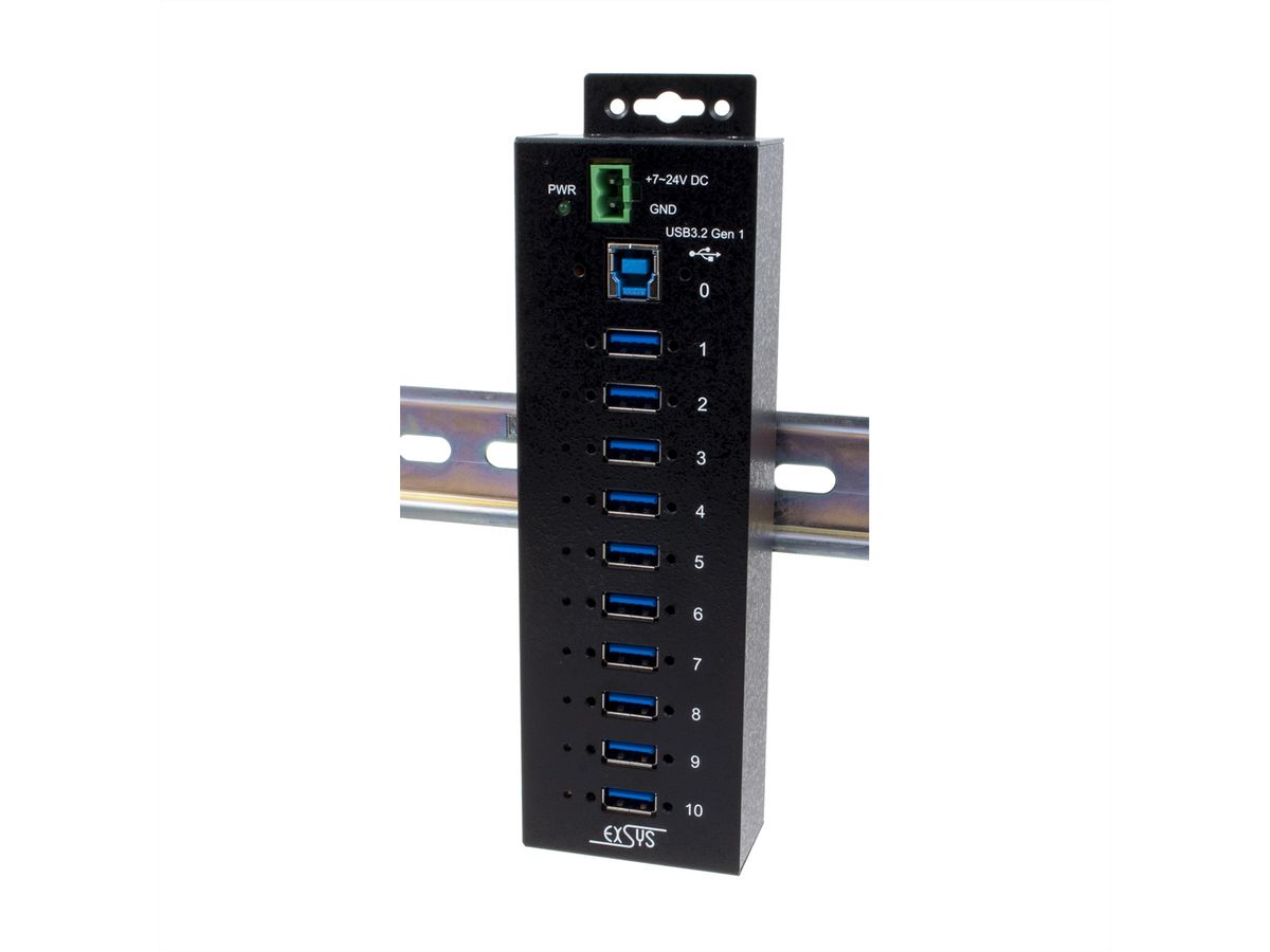 EXSYS EX-1510HMVS 10 Port USB 3.2 Gen1 Managed Metall HUB mit 15KV ESD Überspannungs-Schutz Din-Rail