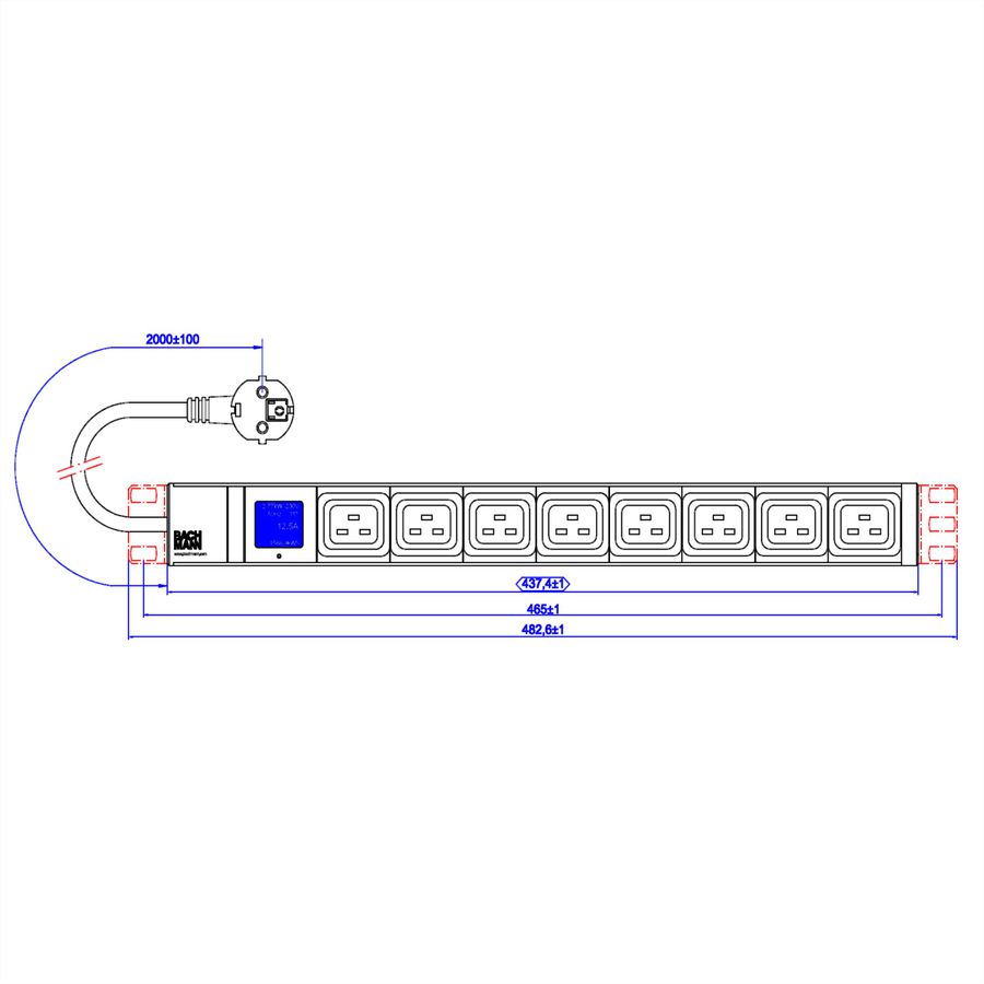 BACHMANN BN0500 19 Zoll 1HE 8xC19, Strom 2,0m CEE7/7