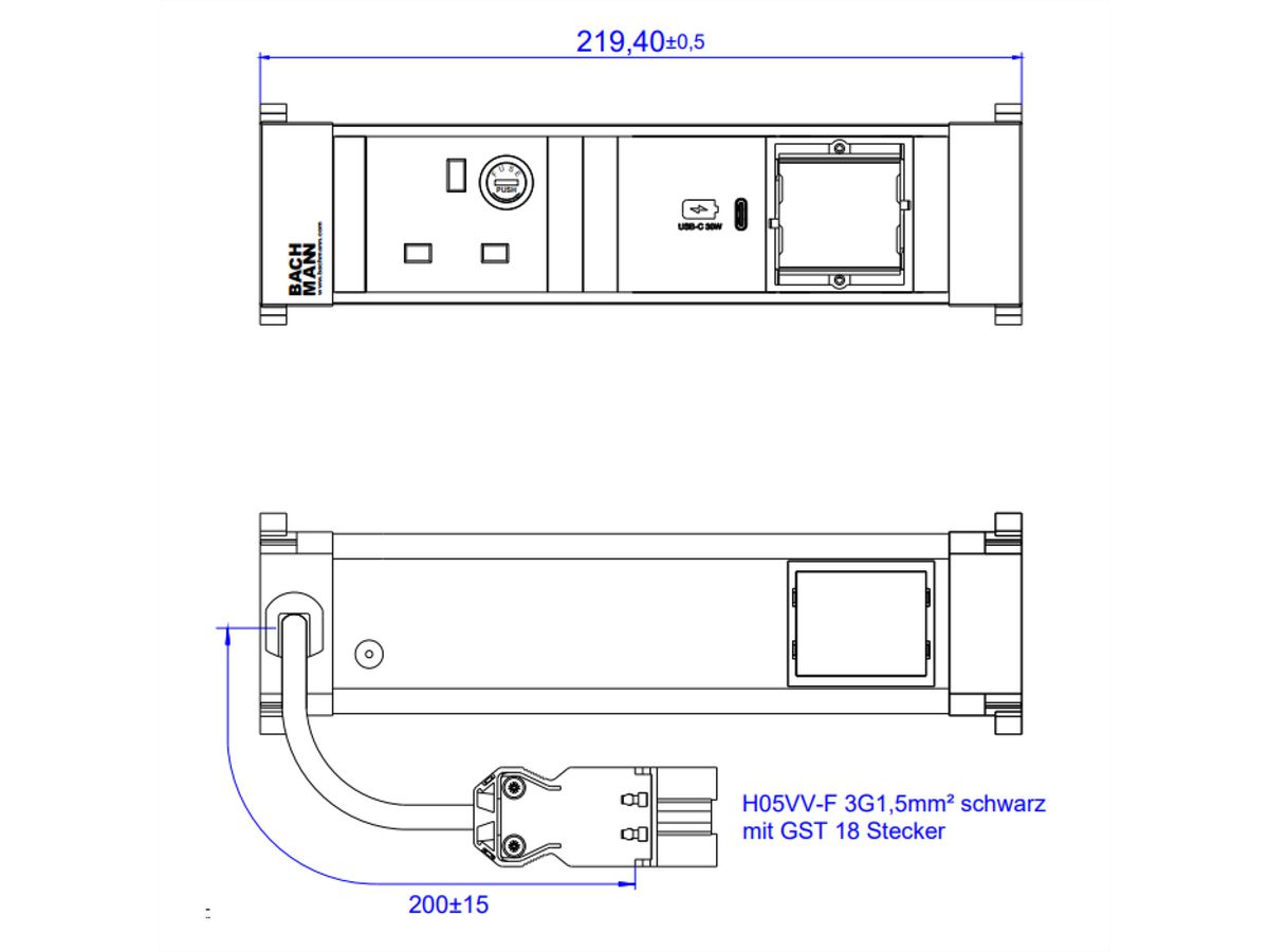 BACHMANN POWER FRAME S 1xUK 1xUSB C 30W, 1xCM 0,2m GST18 United Kingdom