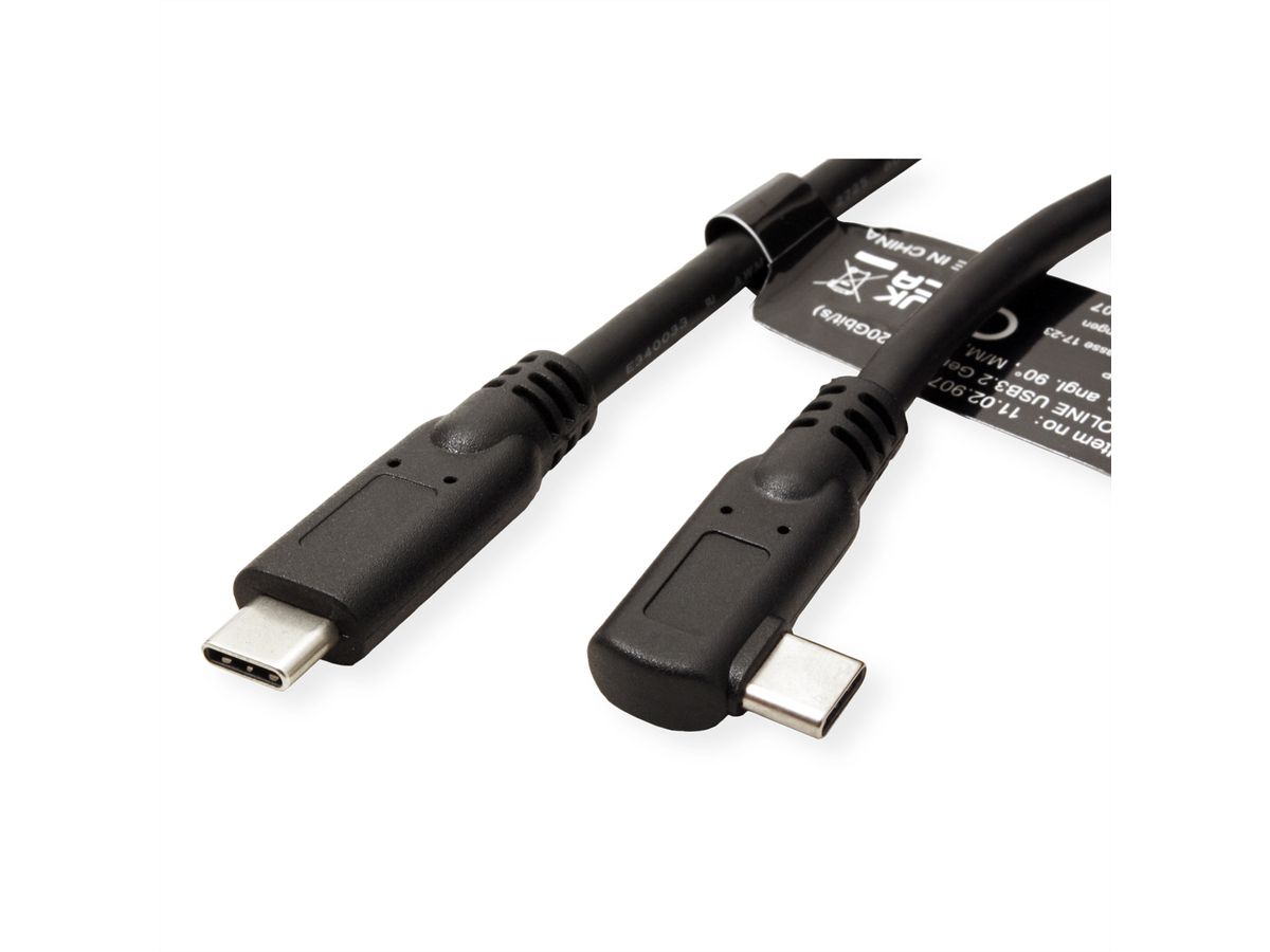 ROLINE USB 3.2 Gen 2x2 Kabel, Emark, C-C, ST/ST, 20Gbit/s, 100W, gewinkelt, schwarz, 1 m