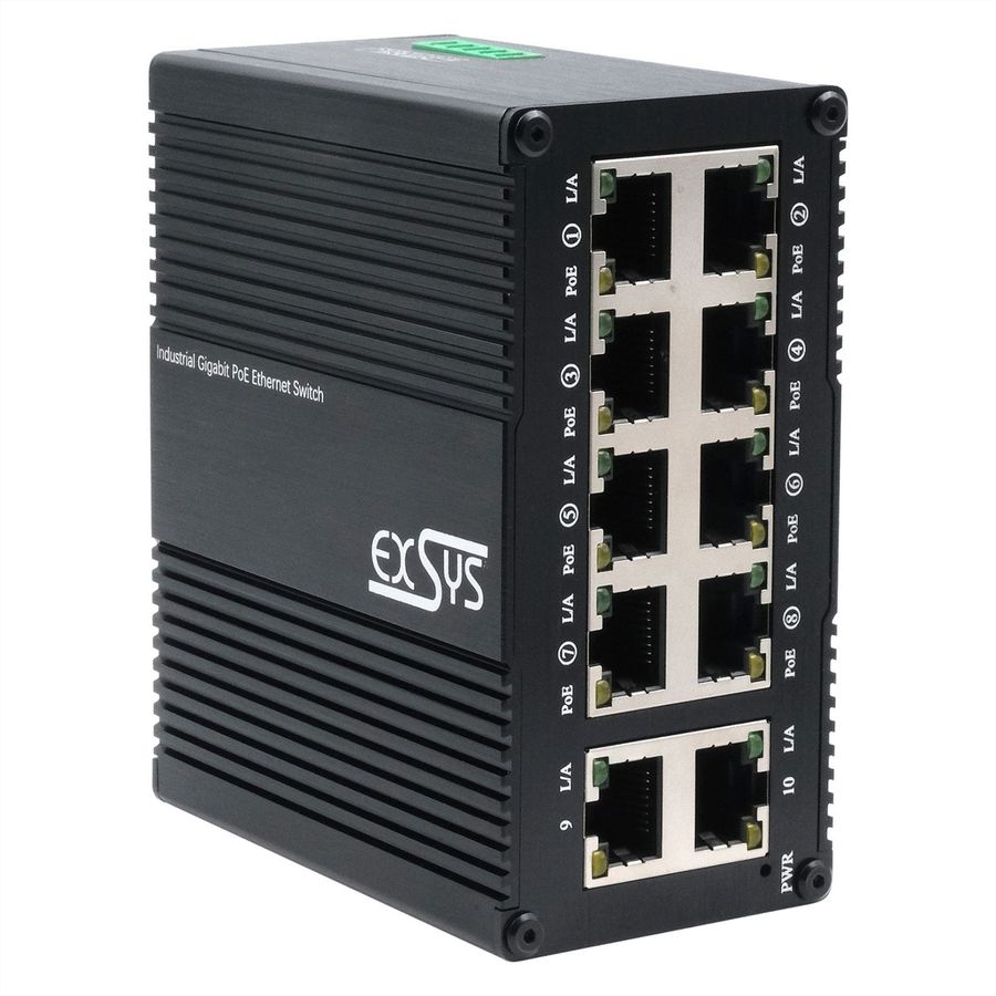 EXSYS EX-62026PoE 10-Port Industrie-Ethernet-PoE-Switch, 8x PoE + 2-Port 10/100/1000Tx
