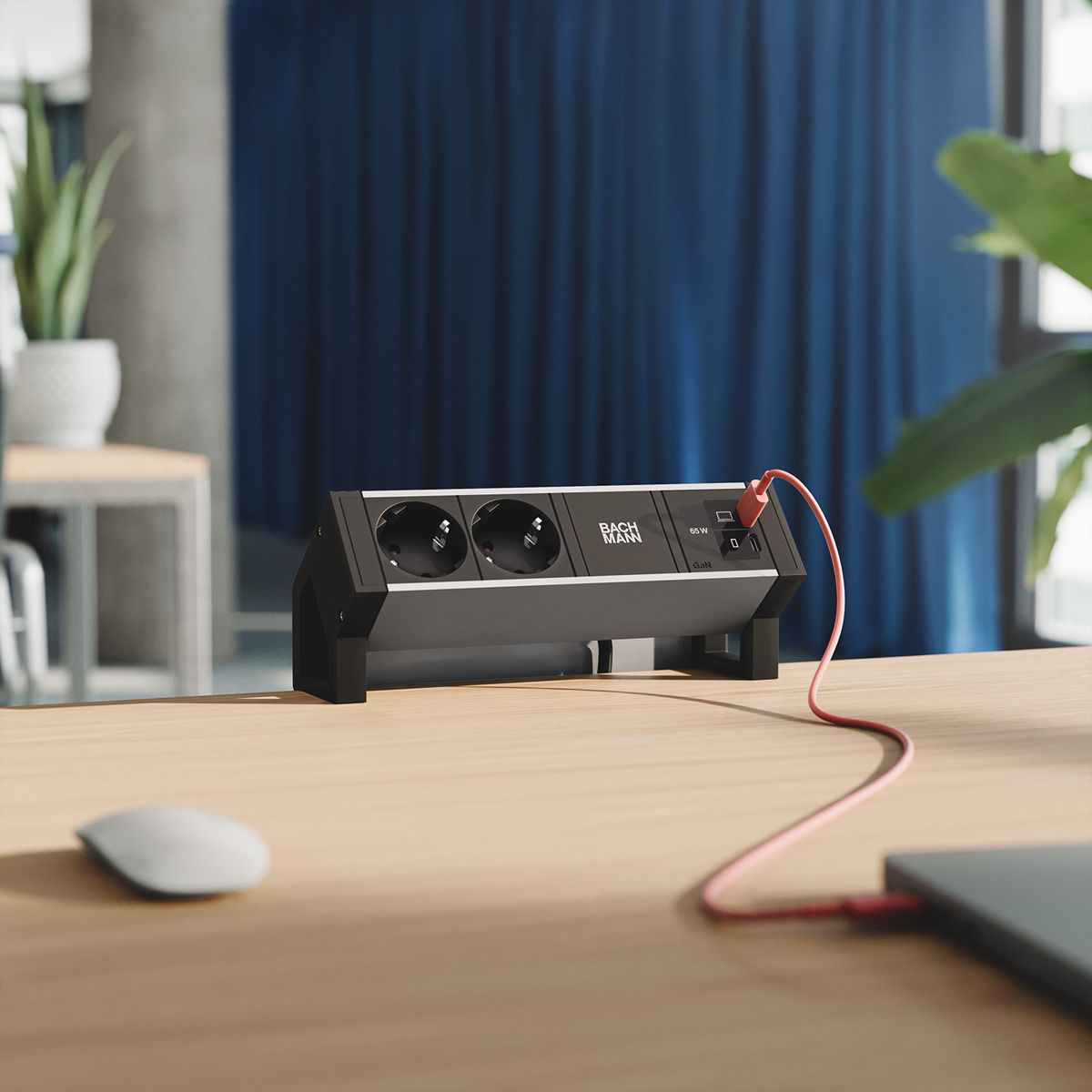 BACHMANN DESK2 ALU BLACK 2xCEE7/3, 1xUSB C/C 65W L=0,2m