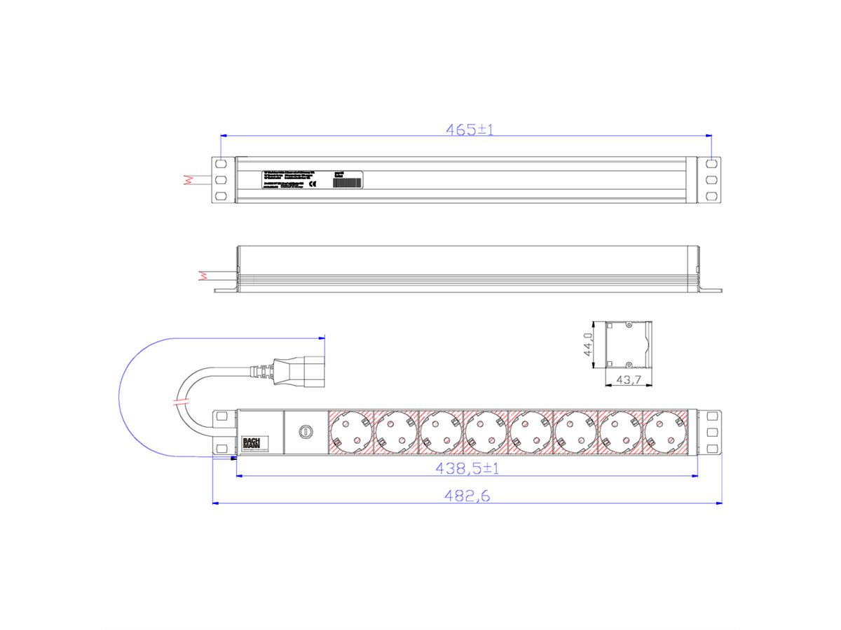 BACHMANN 19" Steckdosenleiste 8-fach, 2300W, IEC320 C14 Stecker