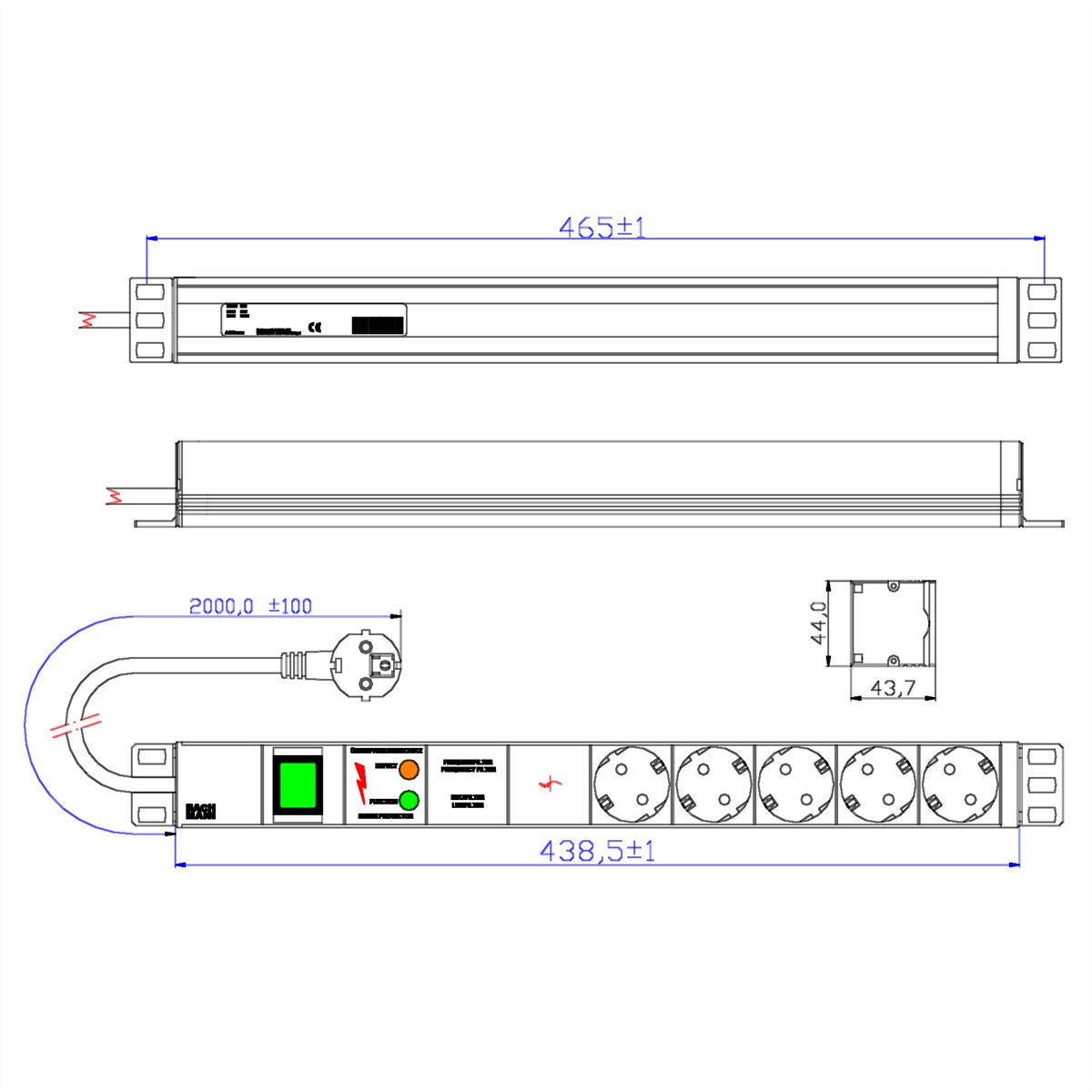 BACHMANN 19" Steckdosenleiste 5-fach mit GVS mit Schalter