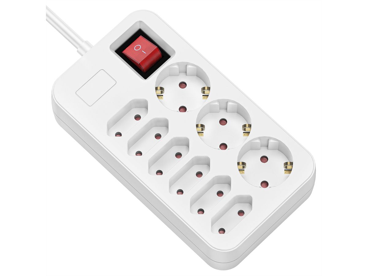 ROLINE Steckdosenleiste 9-fach mit Schalter, 3x CEE 7/3 (Schutzkontakt) + 6x CEE 7/16 (Eurobuchse), weiß, 1,5 m