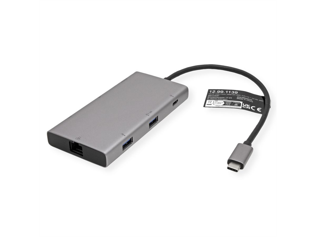 VALUE USB Typ C Dockingstation, HDMI+DP 4K60, 3x USB 3.2Gen1 (1x C + 2x A), 1x PD, 1x RJ45