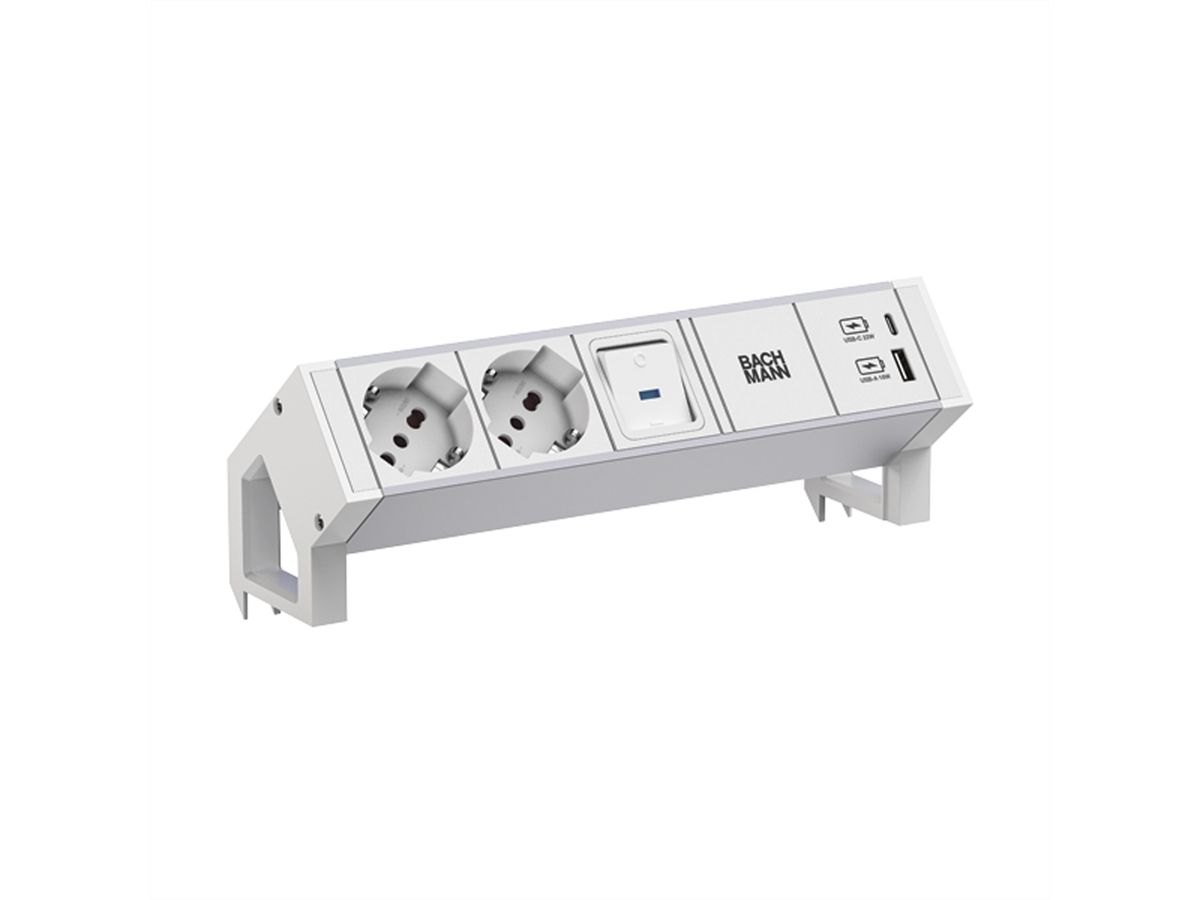 BACHMANN DESK2 ALU WHITE 2xP40 1xUSB A/C 22W 1xSchalter 0,2m
