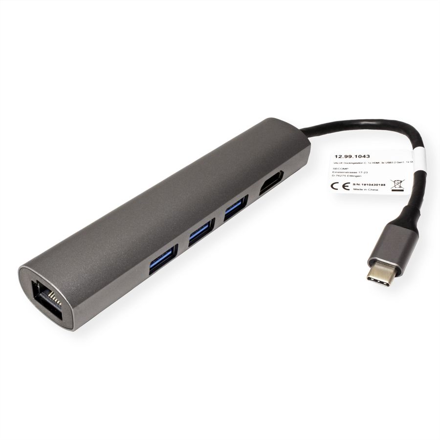 VALUE USB-C Dockingstation, HDMI 4K, 3x USB Typ A, Gigabit Ethernet, grau