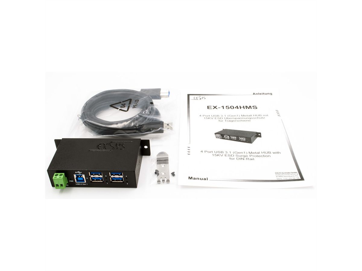 EXSYS EX-1504HMS 4 Port USB 3.2 Gen1 Managed Metall HUB mit 15KV EDS Überspannungsschutz