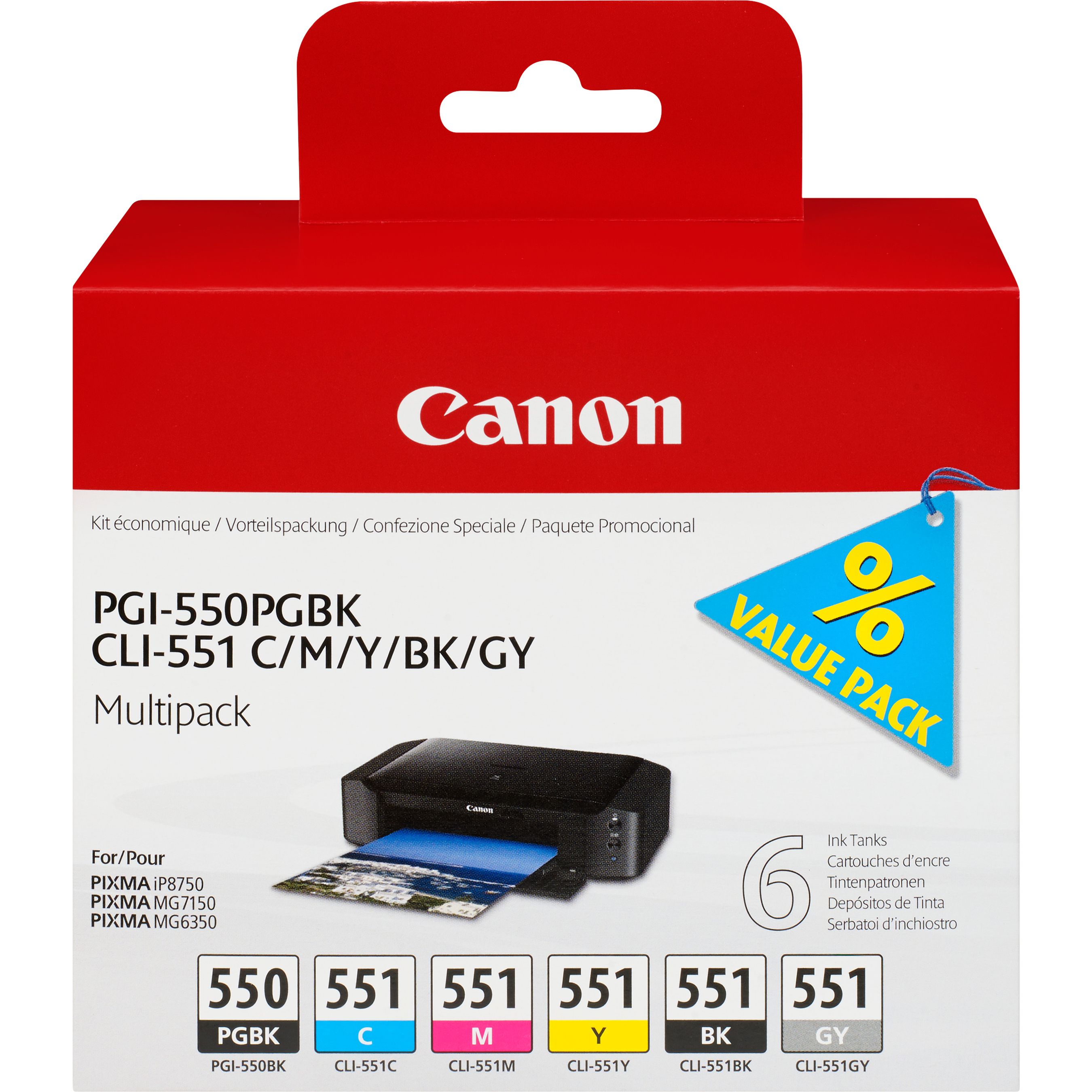 Canon PGI-550/CLI-551 PGBK/C/M/Y/BK/GY Multipack mit 6 Tinten