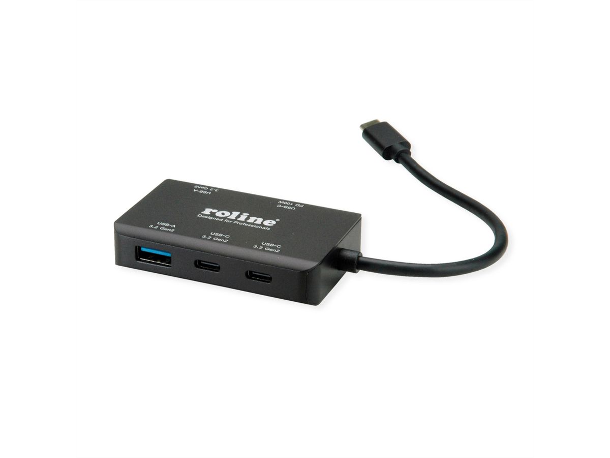 ROLINE USB 3.2 Gen 2 Hub, 4fach (2x USB-A + 2x USB-C), PD, Typ C Anschlusskabel