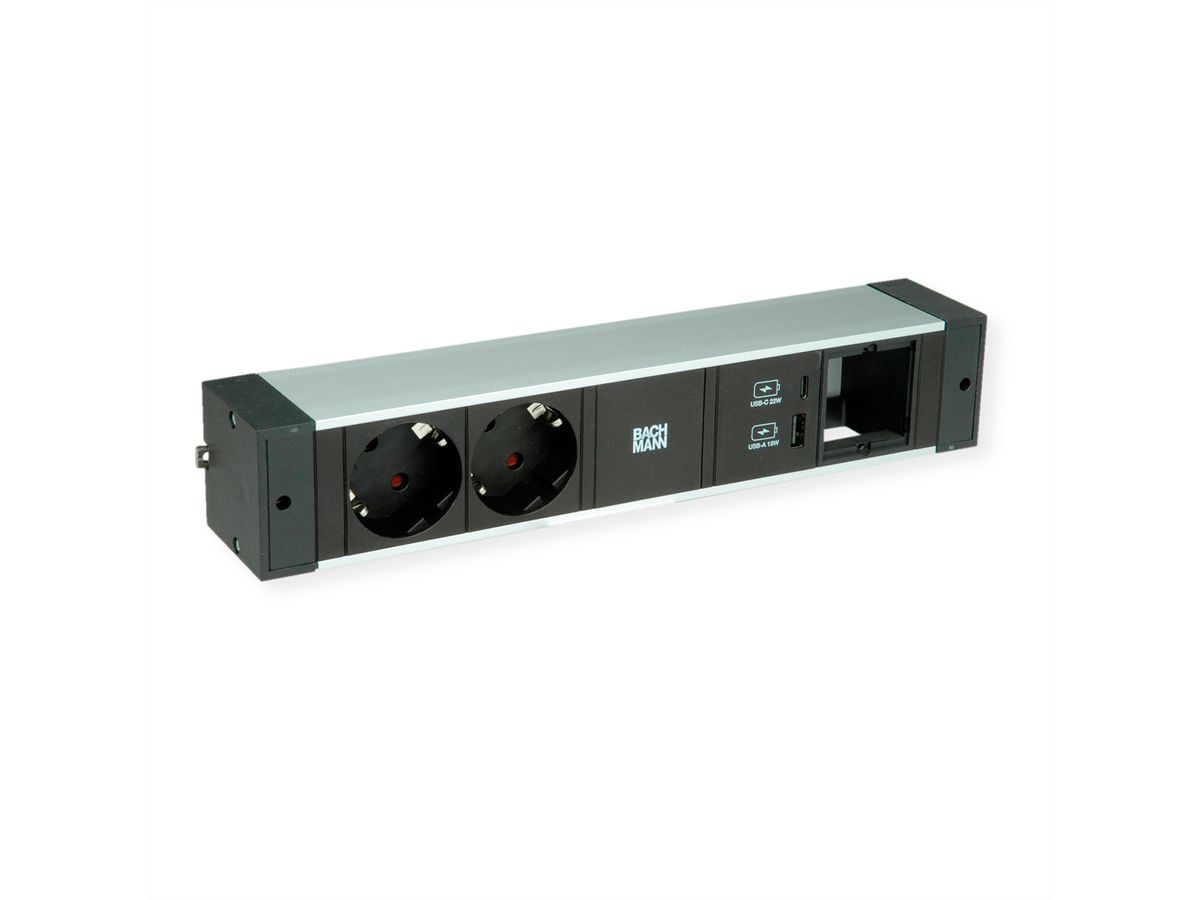 BACHMANN DESK RAIL 2xSchutzkt. USB A&C, USB Charger 22W 1xABD 2,0m GST18