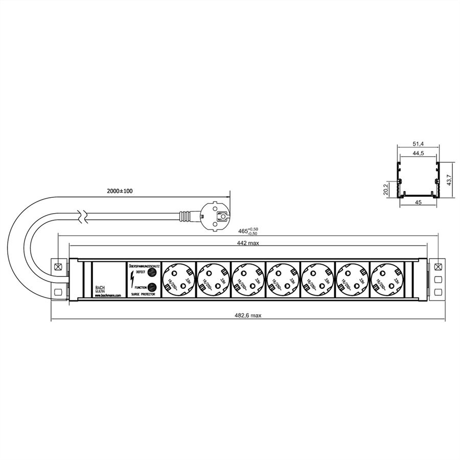 BACHMANN 19" 1,5HE 7xCEE7/3 ws 1xSPD Strom 2,0m CEE7/7