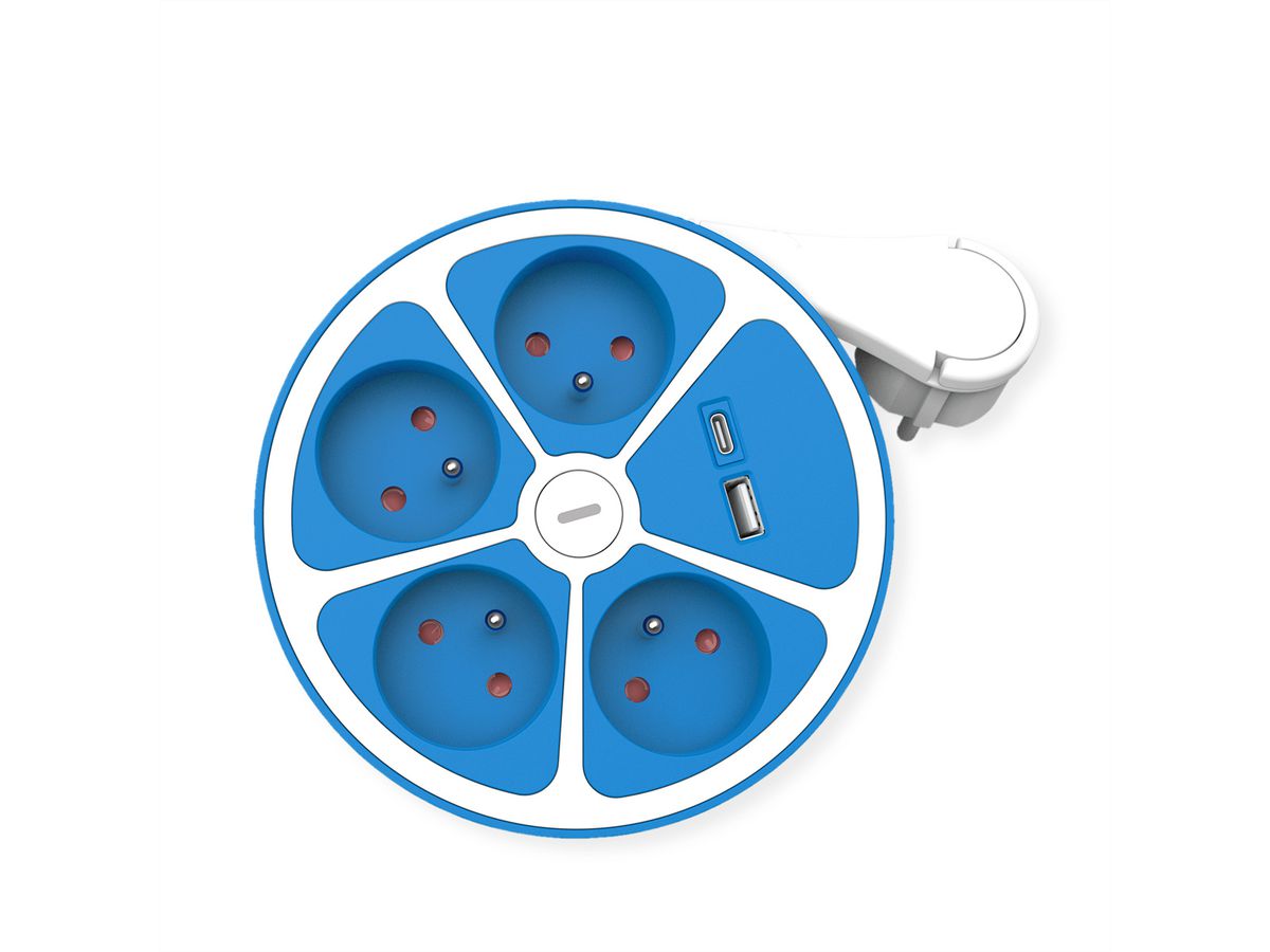 ROLINE 4-fach Steckdosenleiste mit Schalter, rund, UTE Version, USB-Charger A+C, blau, 1,5 m