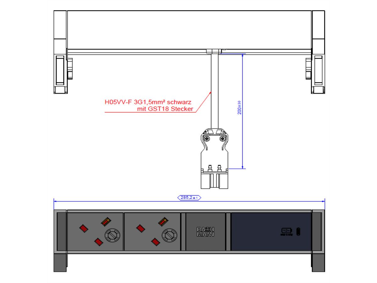 BACHMANN DESK2 2xUK 1xUSB C 60W, 0,2m GST18 INOX United Kingdom