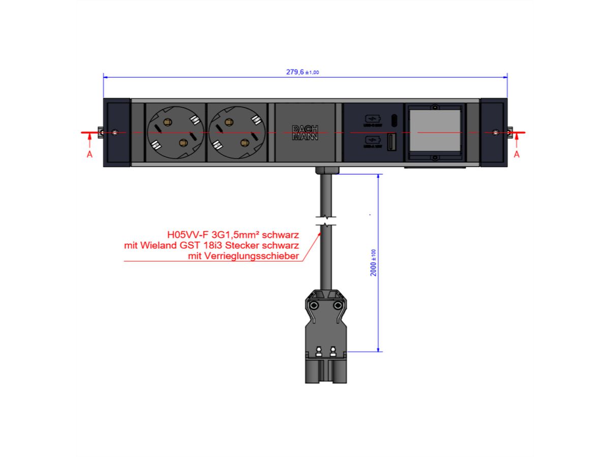 BACHMANN DESK RAIL 2xSchutzkt. USB A&C, USB Charger 22W 1xABD 2,0m GST18