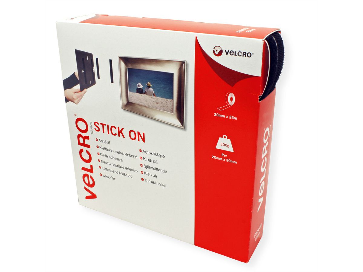 VELCRO® Klettband Selbstklebend, Haken & Flausch 20mm x 25m Schwarz