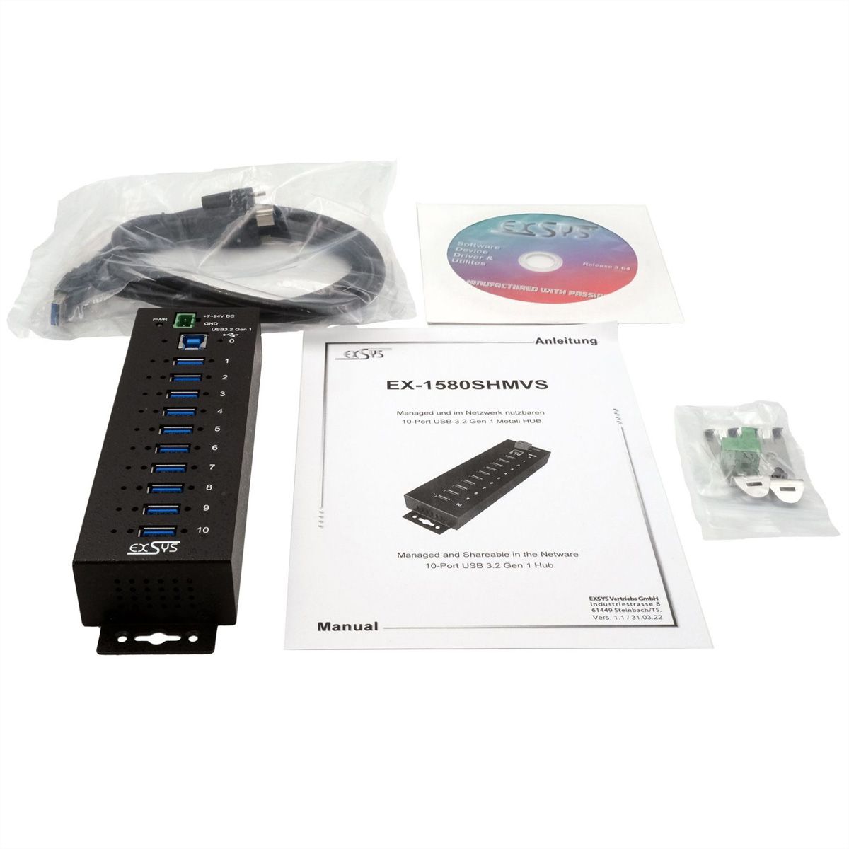 EXSYS EX-1580SHMVS Managed, Netzwerk-teilbarer 10-Port USB 3.2 Gen 1 Metall HUB, 15KV ESD Schutz