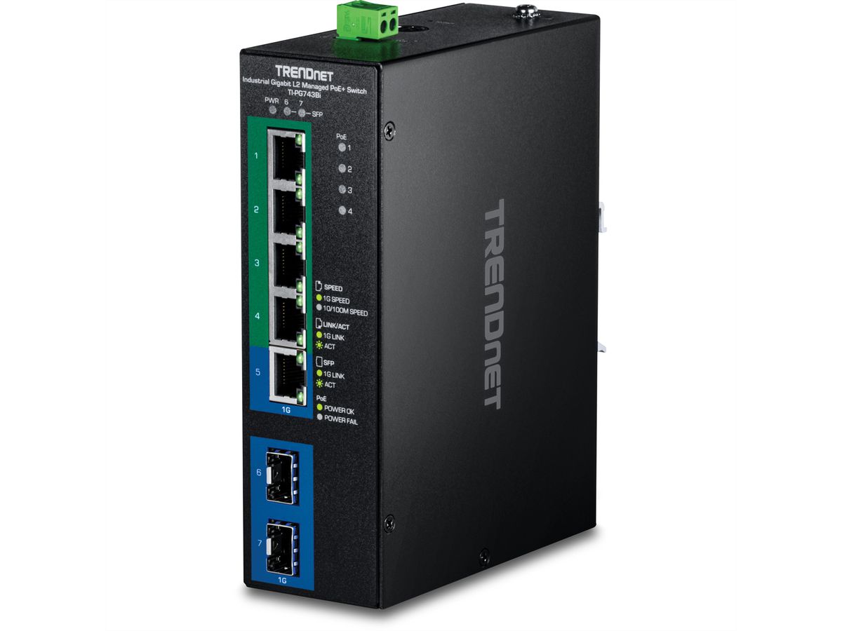 TRENDnet TI-PG743Bi 7-Port PoE+ Switch Industrial Gigabit L2 Managed DIN-Rail