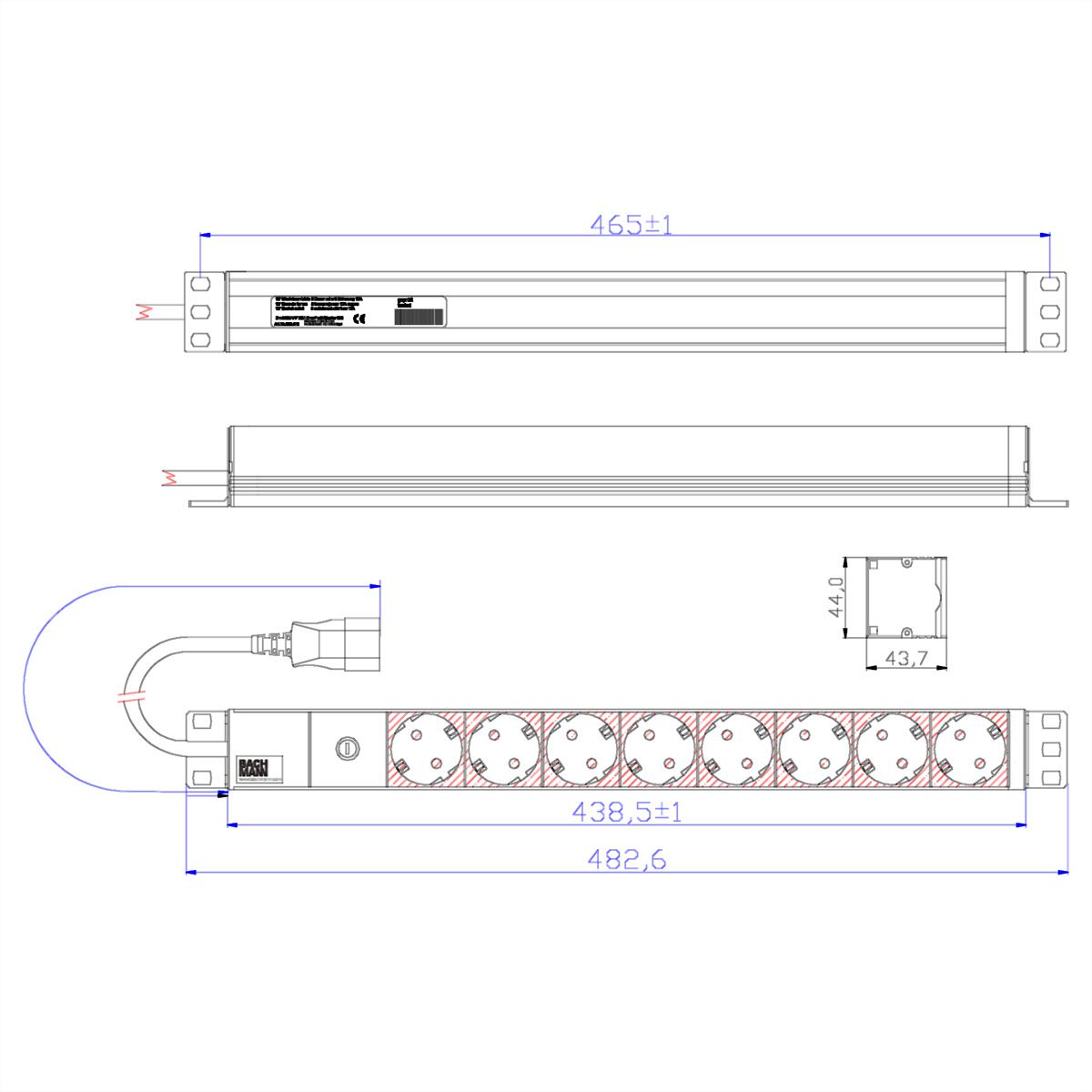 BACHMANN 19" Steckdosenleiste 8-fach, 2300W, IEC320 C14 Stecker, Zugangskabel lang, 8 m
