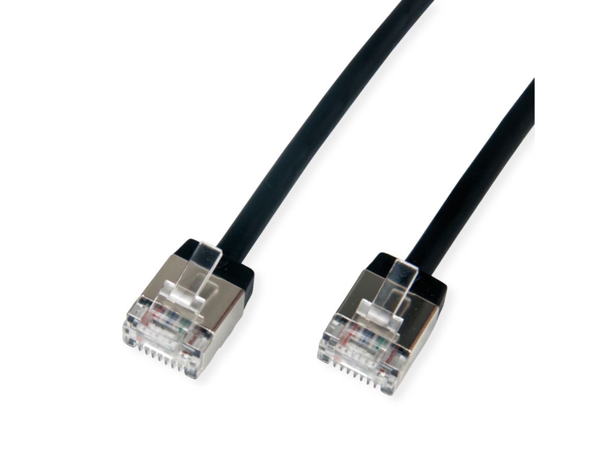 ROLINE U/FTP DataCenter Patchkabel Kat.6A (Class EA), LSOH, slim, extra kurzer Stecker, schwarz, 2 m