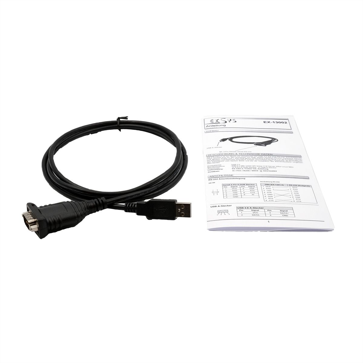 EXSYS EX-13002 USB 2.0 zu 1 x Seriell RS-232 Kabel mit 9 Pin Stecker Prolific Chip-Set