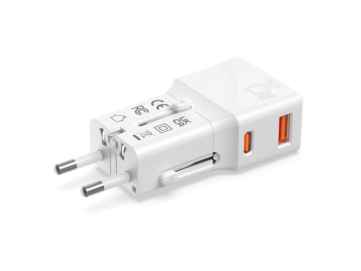 VALUE USB Reise-Charger mit Euro-Flach-/UK-/US-Stecker, 2 Port (Typ-A QC3.0, Typ-C PD), 25W