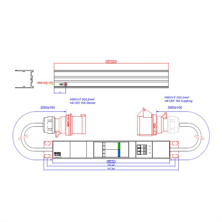 BACHMANN ALU 1HE VM 1x SPD 3-phasig, 1x ÜS 3x 16A 2x 1m H05VV-F 5G2,5mm CEE 16A