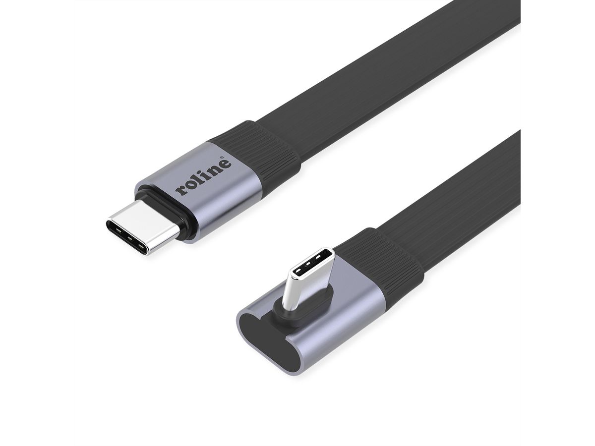 ROLINE USB4 2.0 Flachkabel, C–C, ST/ST einseitig 90°-gewinkelt, 8K UHD-2, 80Gbit/s, 240W, schwarz, 0,8 m