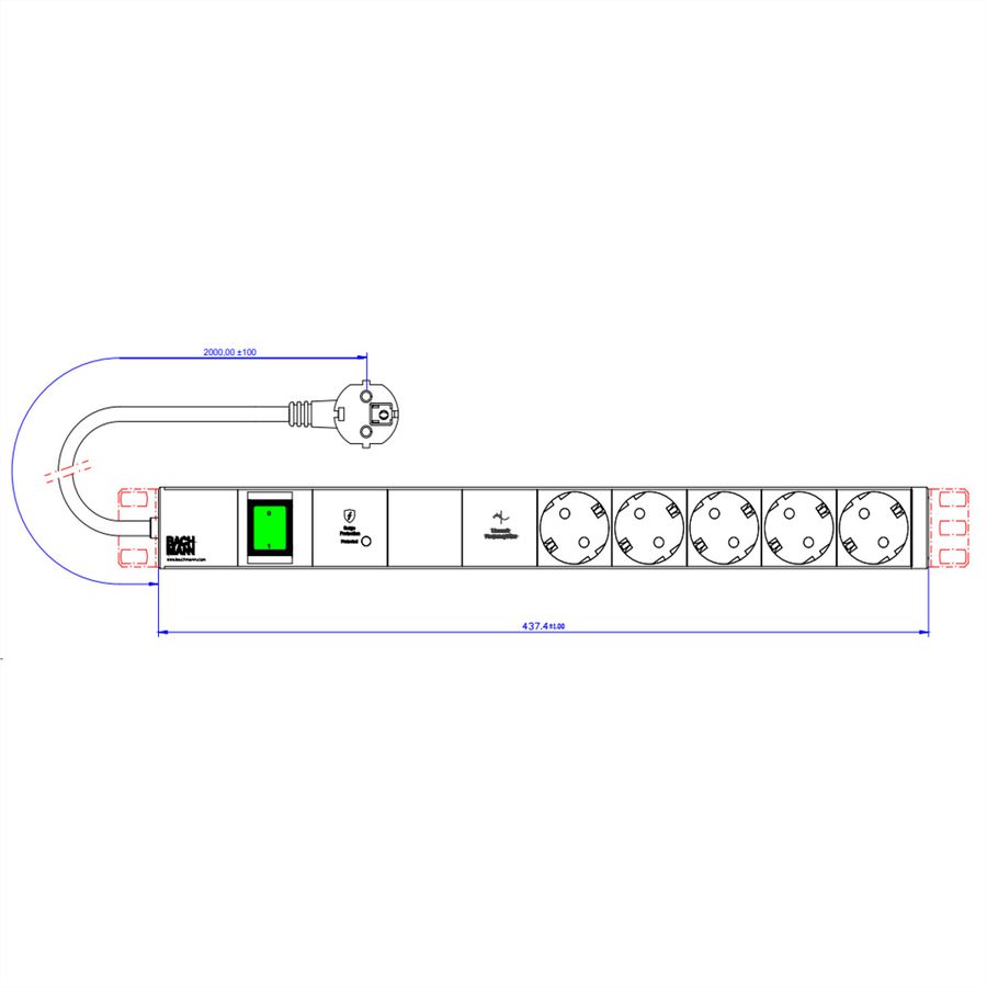 BACHMANN 19" 1HE 5xCEE7/3 1xSchalter 1xGVS-Plus 2,0m CEE7/7