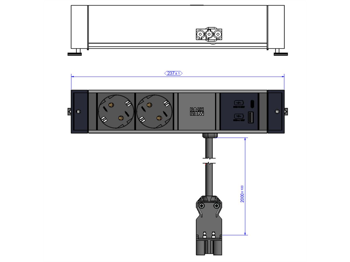 BACHMANN DESK RAIL 2xSchutzkt.USB A&C, USB Charger 22W 2,0m GST18