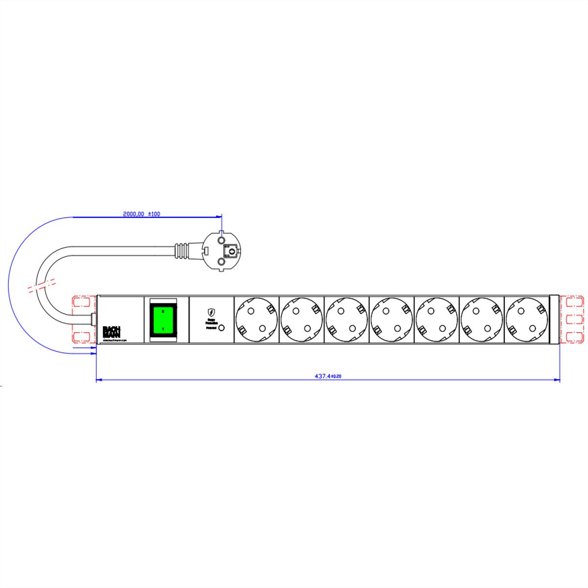 BACHMANN 19" 1HE 7xCEE7/3 1xSPD-Plus 1xSchalter 2,0m CEE7/7