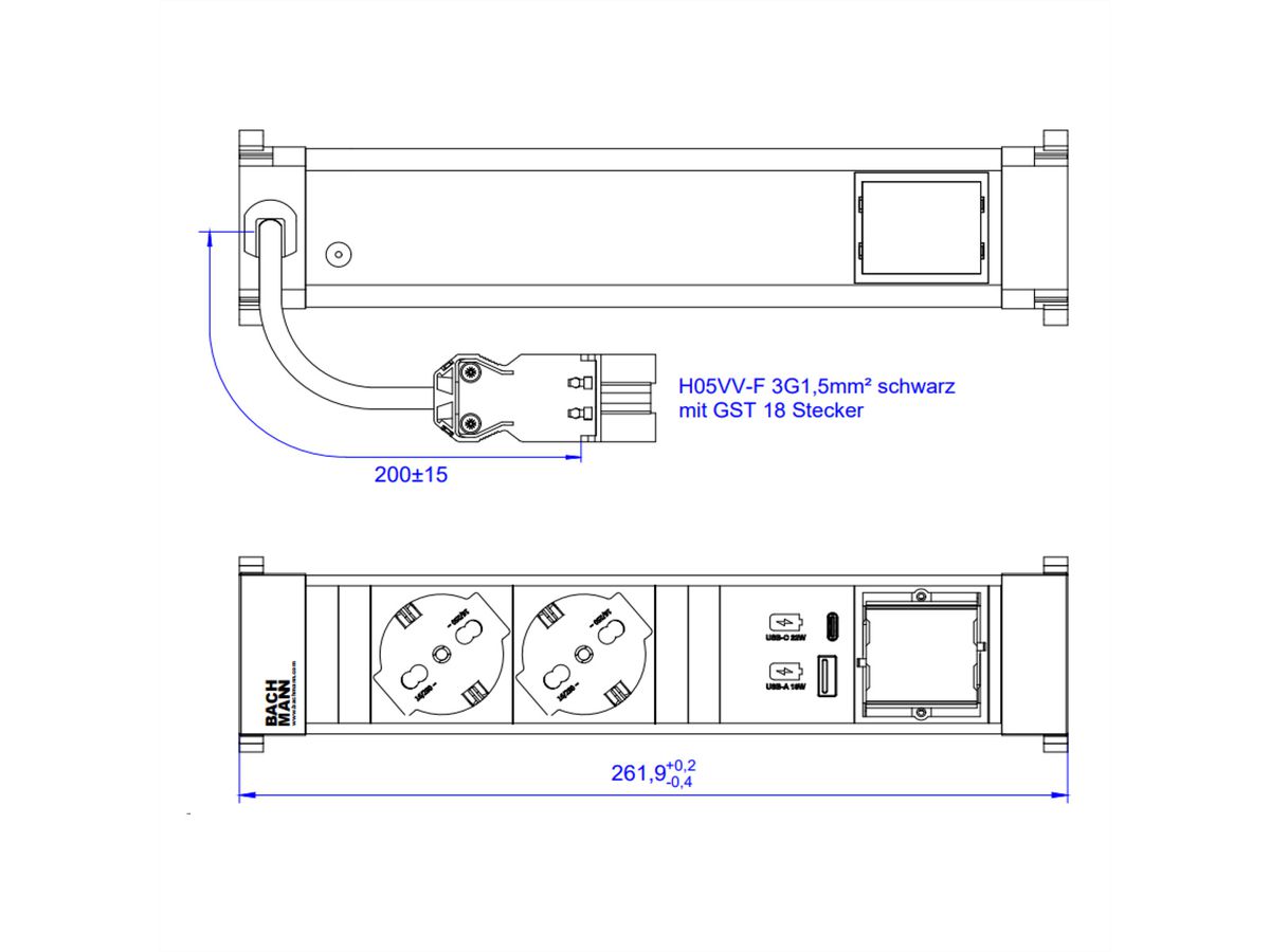 BACHMANN POWER FRAME M 2xP40, 1xUSB A&C 22W 1xCM 0,2m GST18 Italia