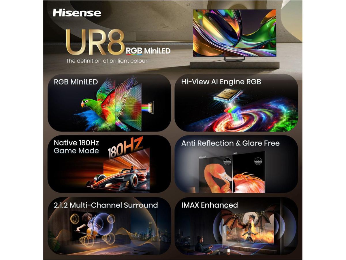 Hisense TV 85UR8DS 85", RGB Mini LED 4K, 180Hz, 3500 Nits