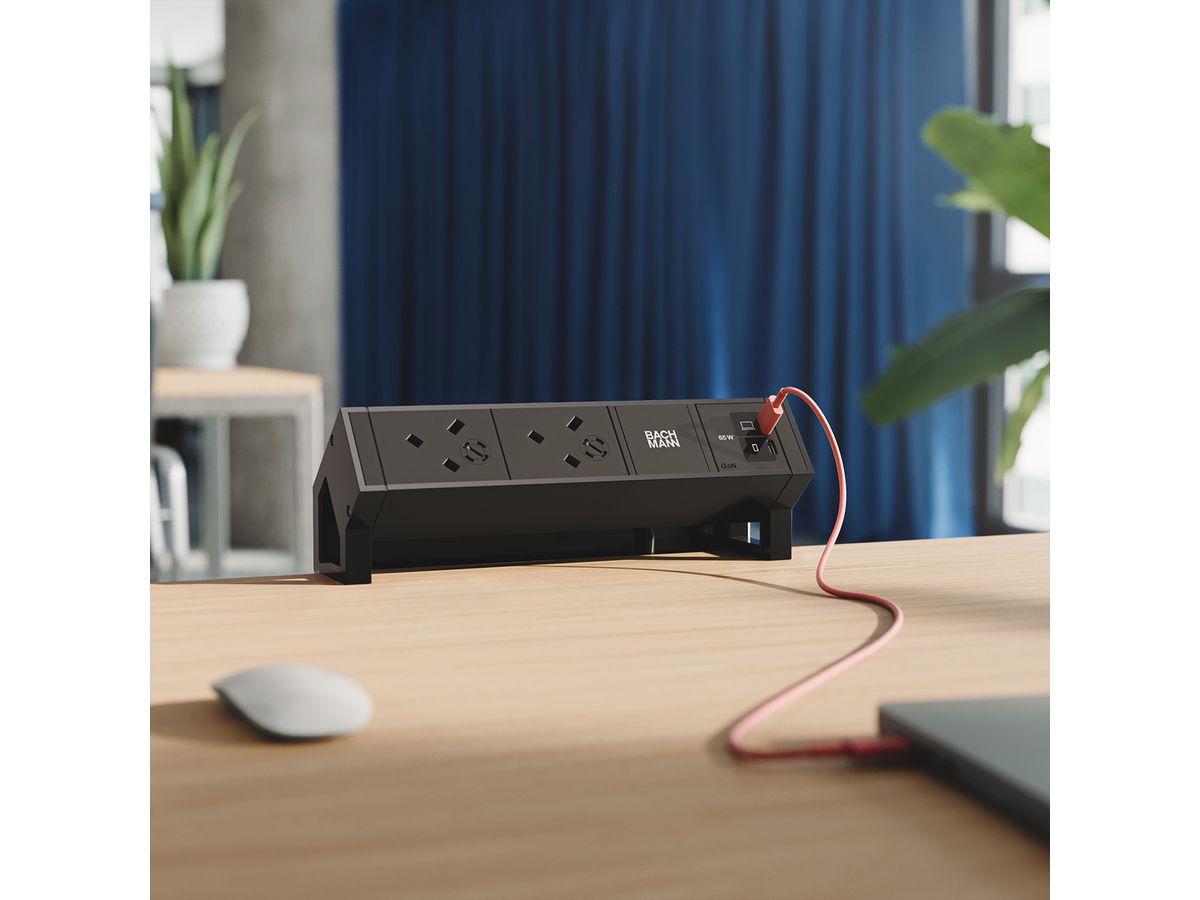 BACHMANN DESK2 2xUK 1xUSB C/C 65W, L=0,2m RAL9005