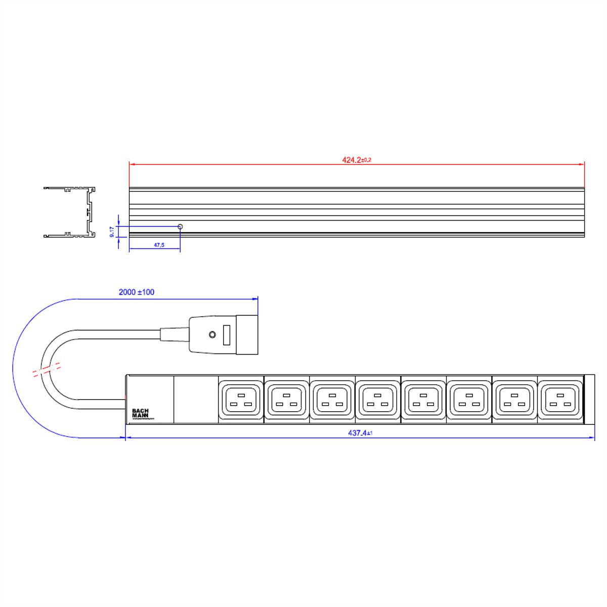 BACHMANN 19" Steckdosenleiste, 8x C19 Buchse, C20 Stecker