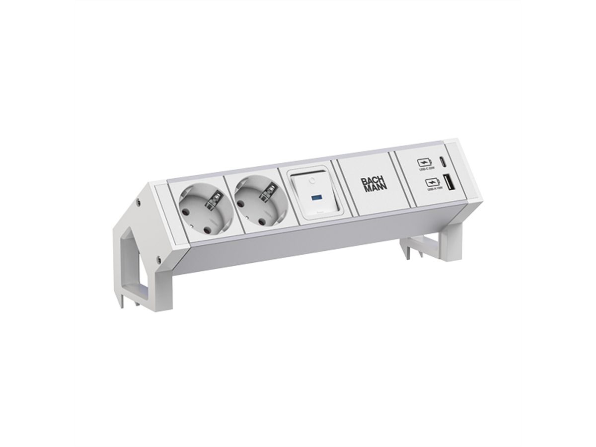 BACHMANN DESK2 ALU WHITE 2xCEE7/3 1xSchalter 1xUSB A/C 22W 0,2m