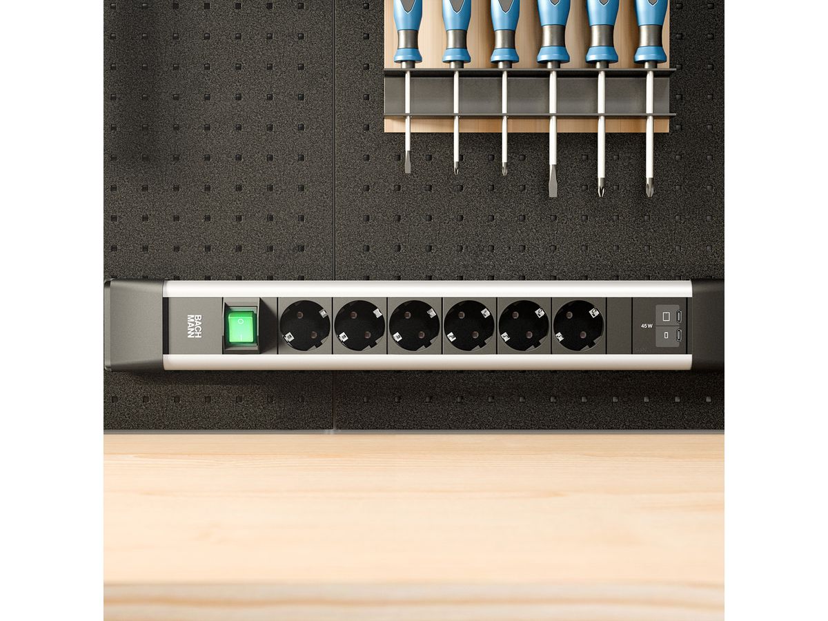 BACHMANN CONNECTUS 6xCEE7/3 1xSchalter, 1xUSB C/C 45W L=2,0m CEE7/7 Grau