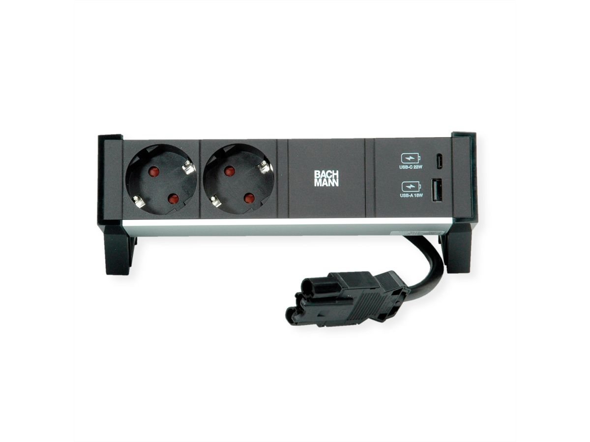 BACHMANN DESK2 ALU BLACK 2xSchutzkt.USB, USB Charger 22W A&C 0,2m GST18