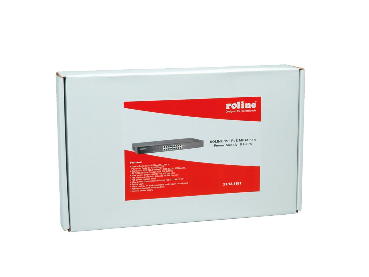 ROLINE 19" Fast Ethernet PoE Mid-Span Injektor, 8 Ports