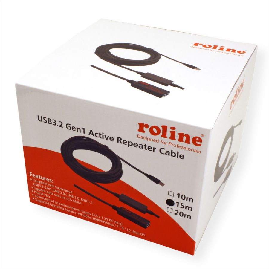 ROLINE USB 3.2 Gen 1 Aktives Repeater Kabel, schwarz, 15 m