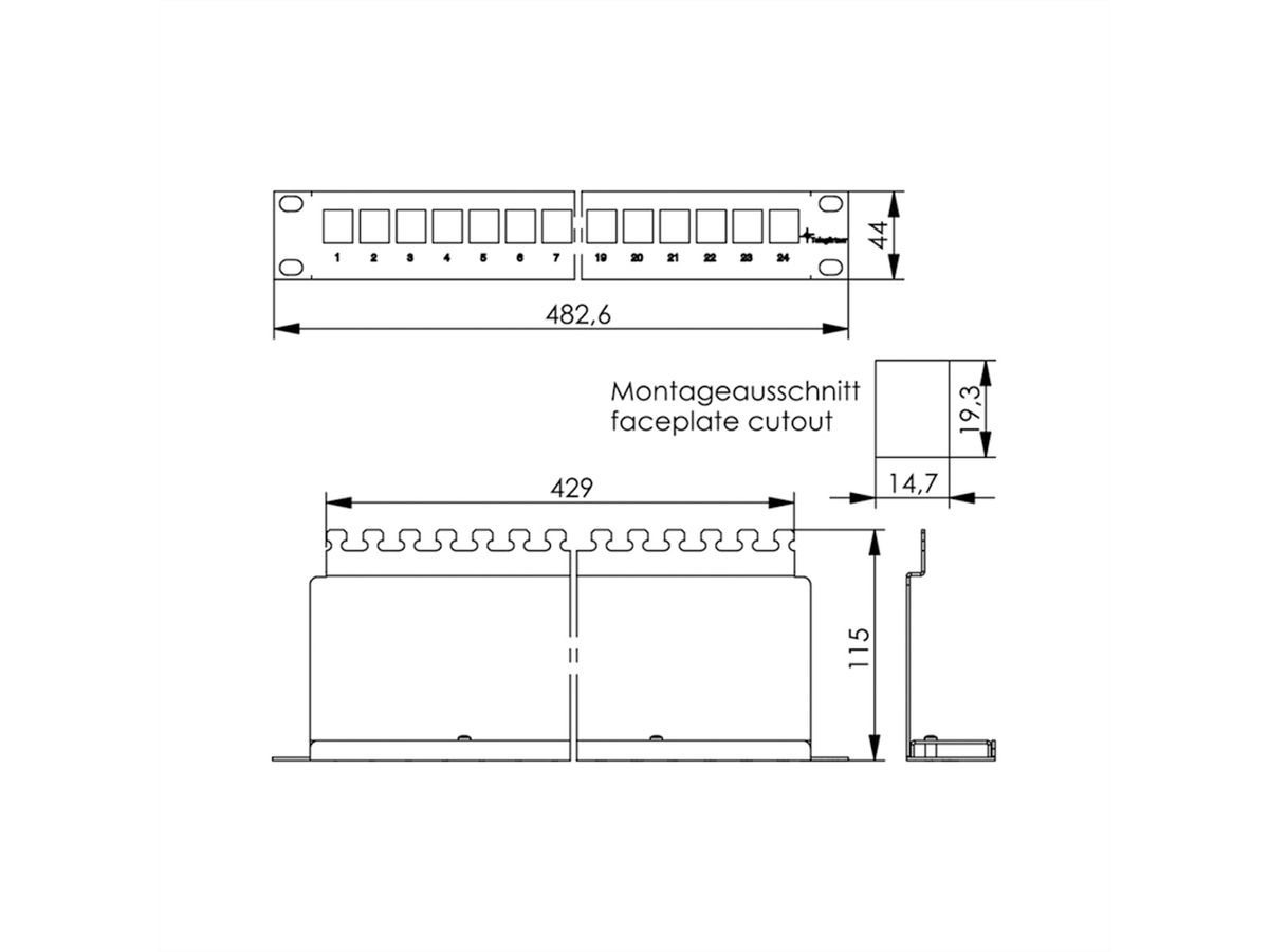 19"-Modulträger 1 HE, mit 24 AMJ-SL-Modulen Kat.6A (Class EA) (ISO/IEC), grau