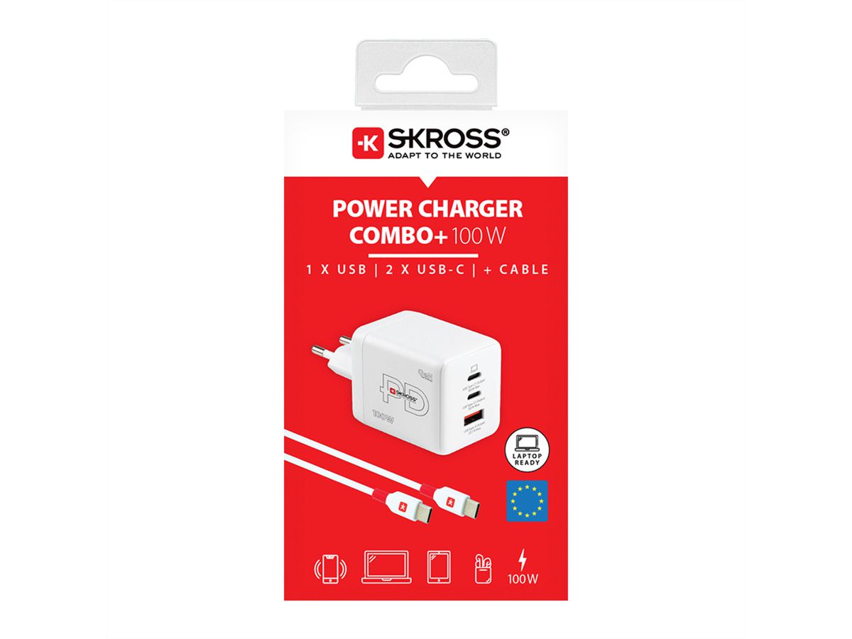 SKROSS Power Charger Combo+, 2x USB-C, 1x USB-A, GaN, 100W