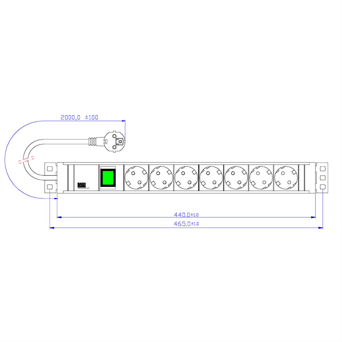 BACHMANN 19" PVC 7xCEE7/3 1xSchalter Strom 2,0m CEE7/7