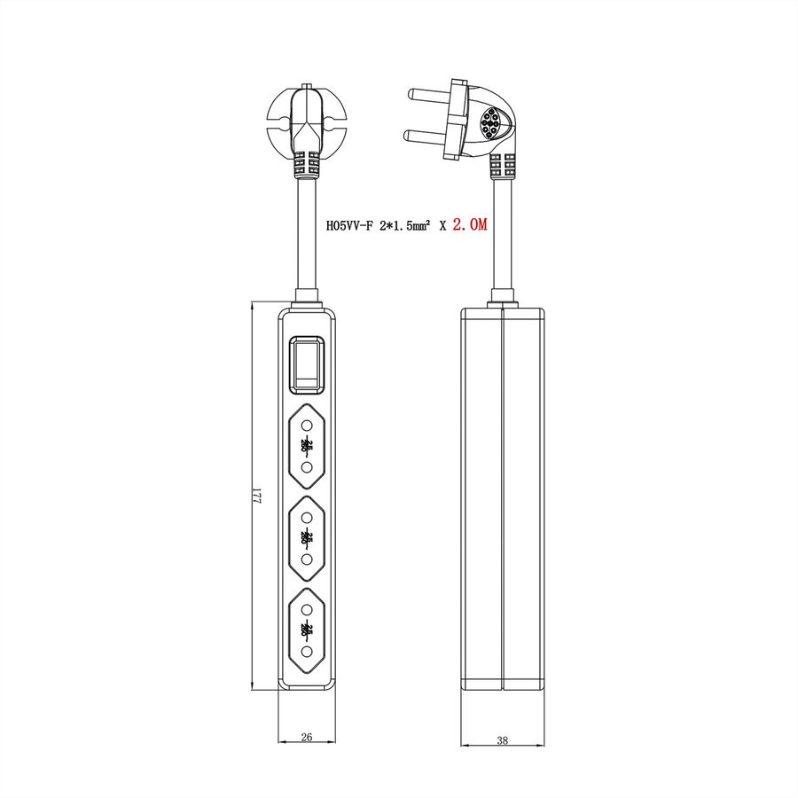 VALUE 3-fach Steckdosenleiste Euro-Stecker (2-polig), mit Schalter, weiß, 1,5 m