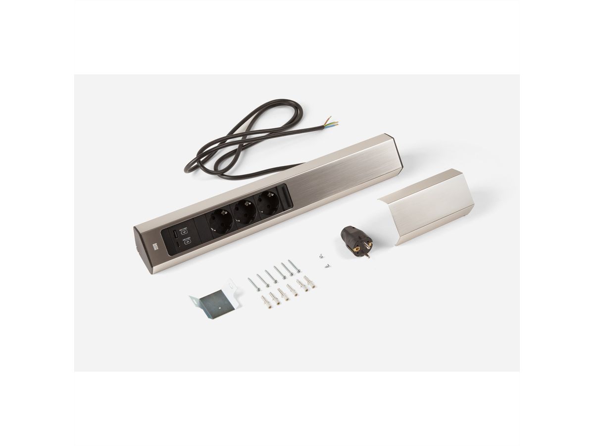 BACHMANN CASIA 2 3xCEE7/3 1xUSB A/C 22W 2,0m AEH Edelstahl-Optik