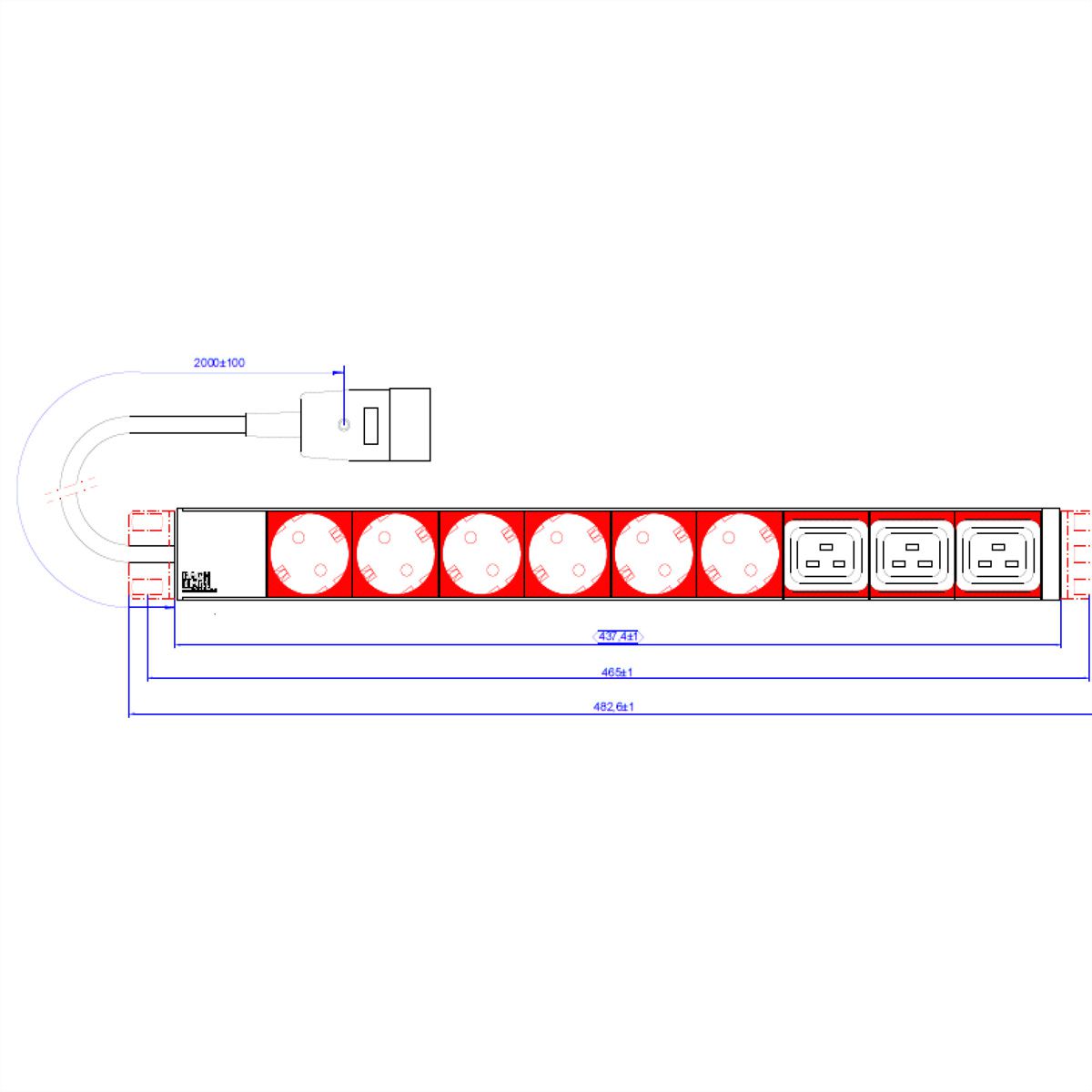 BACHMANN IT PDU ALU 1HE 6x Schutzkontakt 3x C19, Zuleitung mit Stecker C20, schwarz