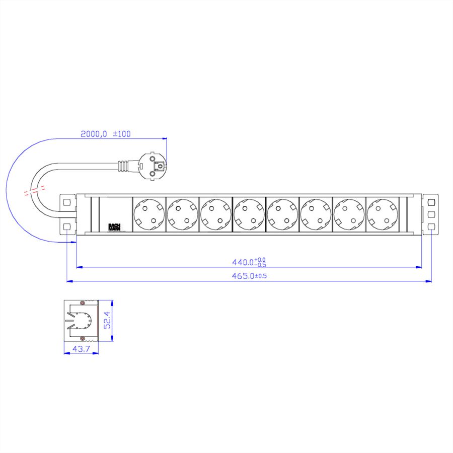 BACHMANN 19'' PVC 8x Schutzkontakt-Steckdosenleiste, 2,0m Schutzkontaktstecker