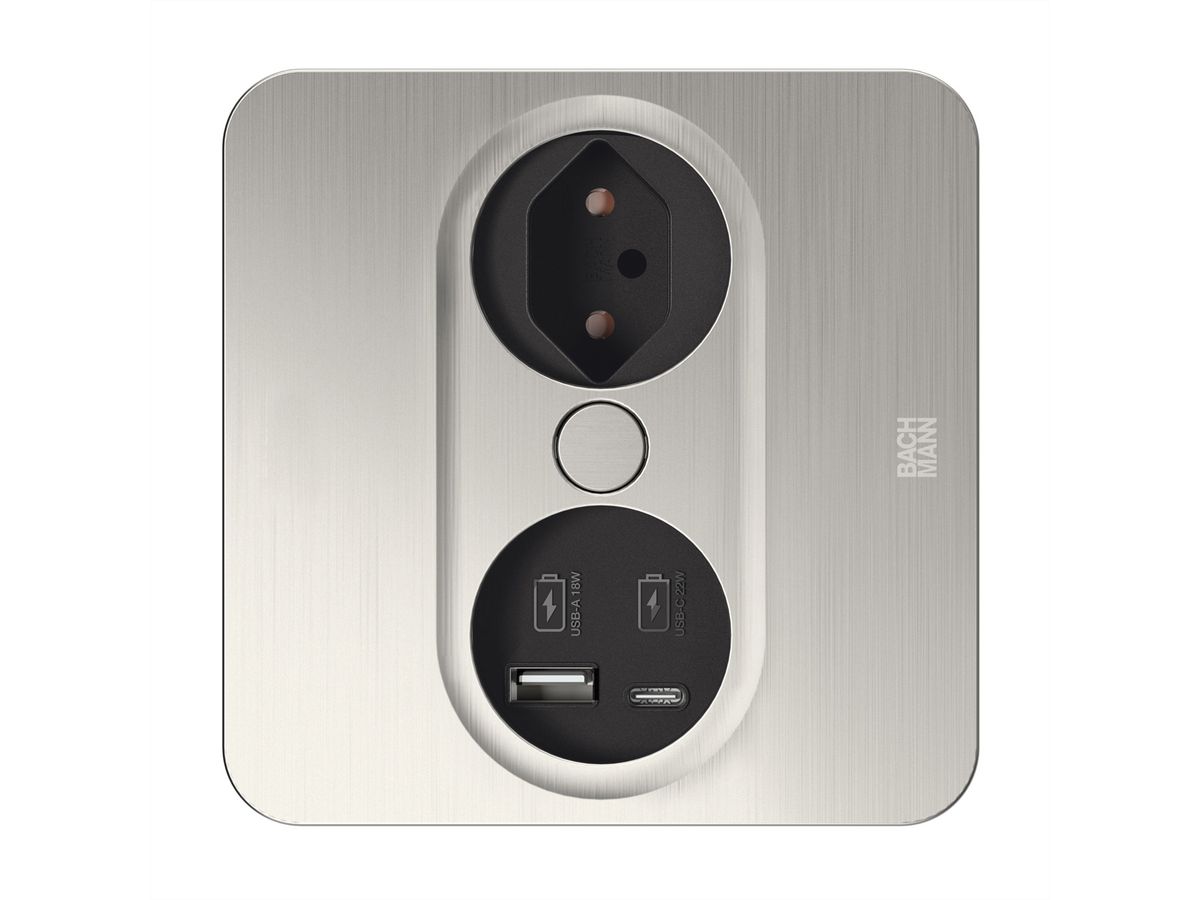 BACHMANN TWIST2 1xCH 1xUSB A/C 22W, L=2,0m AEH T12 Edelstahl-Optik eckig